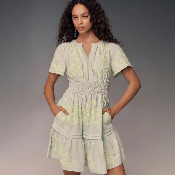 Anthropologie Dresses & Skirts - Anthropologie Somerset Mini Dress Embroidered Linen Mint Green Neon Floral Sz S